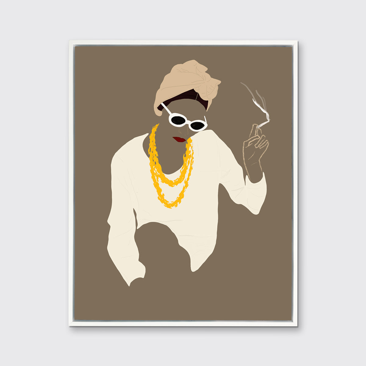 Pop art print of a woman holding a lite cigarette hangs in a white floater frame on a white wall.