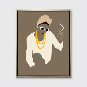 Pop art print of a woman holding a lite cigarette hangs in a silver floater frame on a white wall.