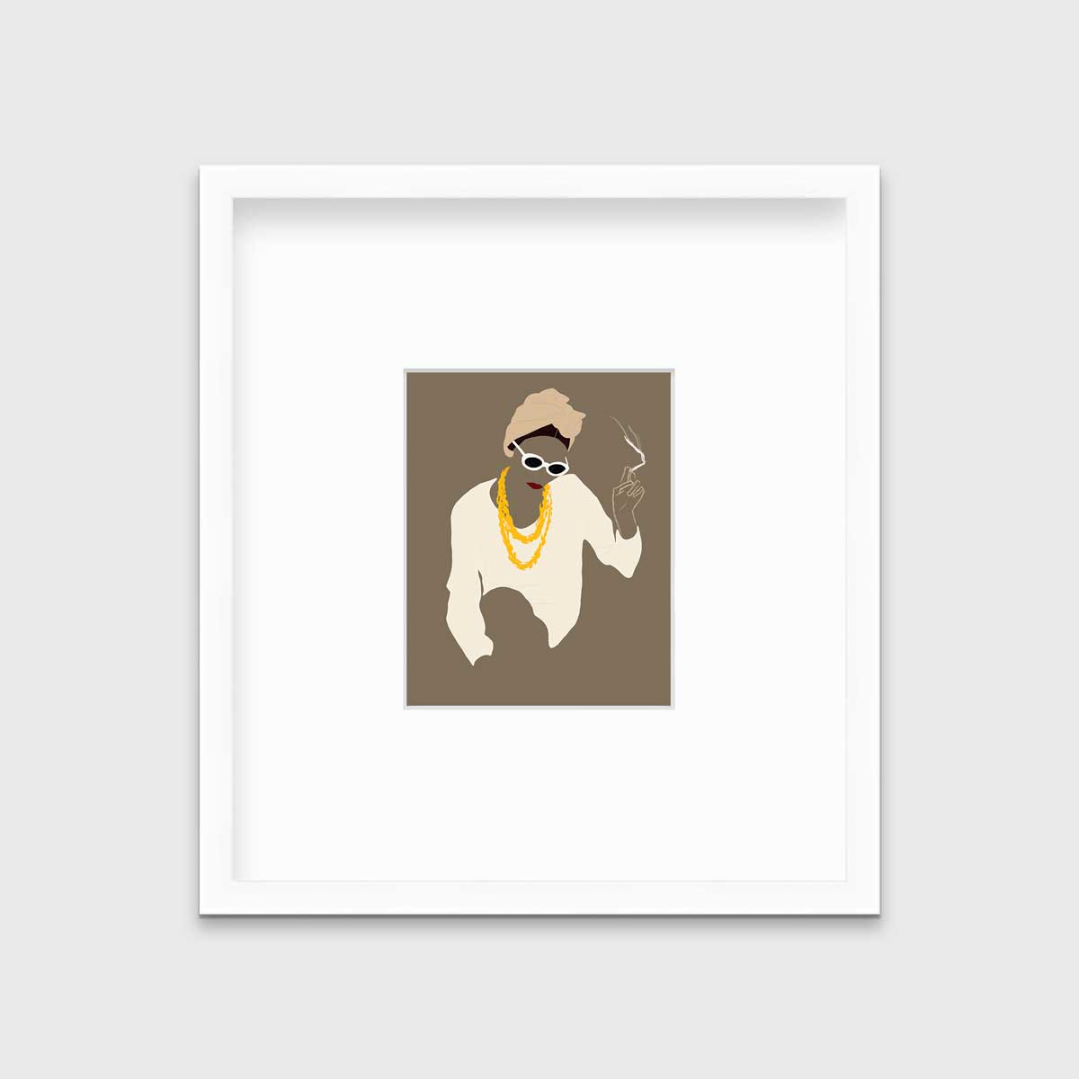 Pop art print of a woman holding a lite cigarette hangs in a white frame with a mat on a white wall.
