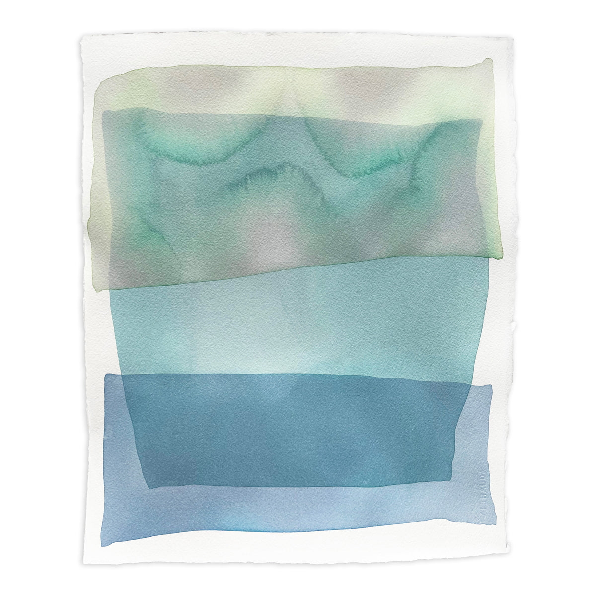A pale green, teal and blue overlapping shapes painting by Nealy Hauschildt.