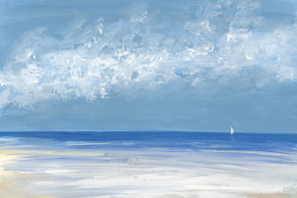 A blue, white and light blue abstract seascape print with a sailboat by S. Cora Aldo.