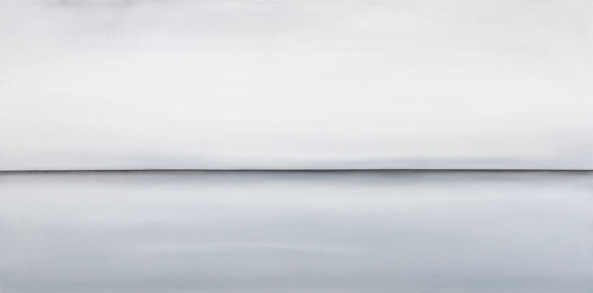 A long grey oil painting with a single black line in the middle of the canvas which suggests a horizon line. Wired and ready to hang.