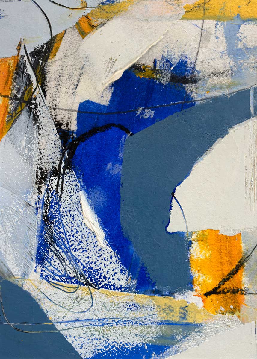 A blue, grey and yellow abstract print by Kelly Rossetti.