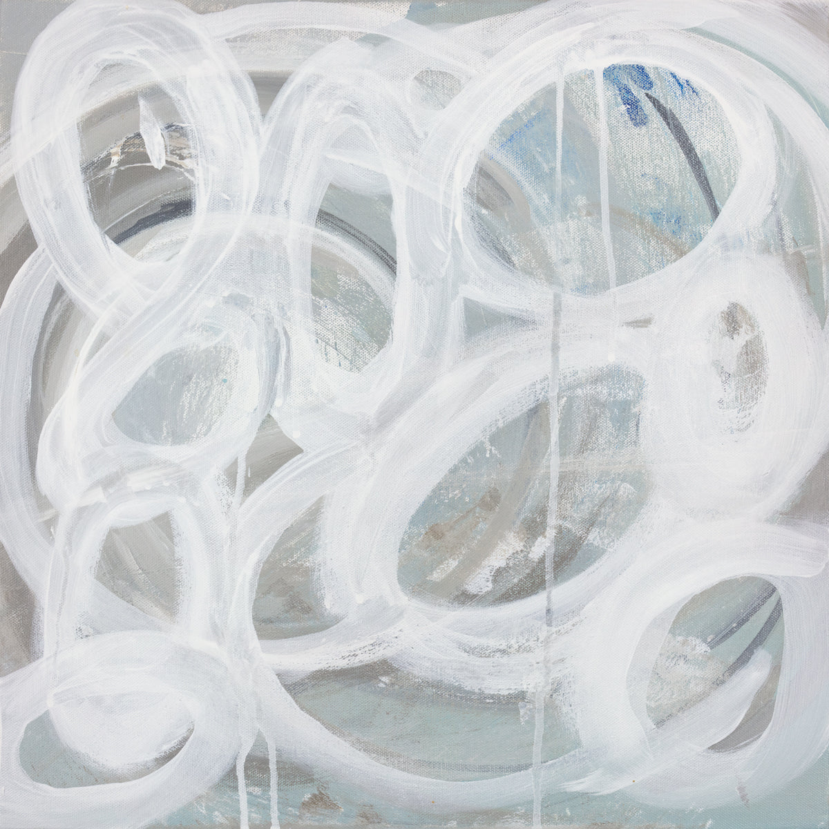 A white, light teal and grey abstract print by Sue De Chiara.