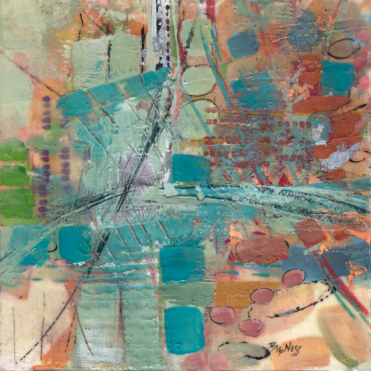 An abstract multicolored print by encaustic artist, Linda Bigness.