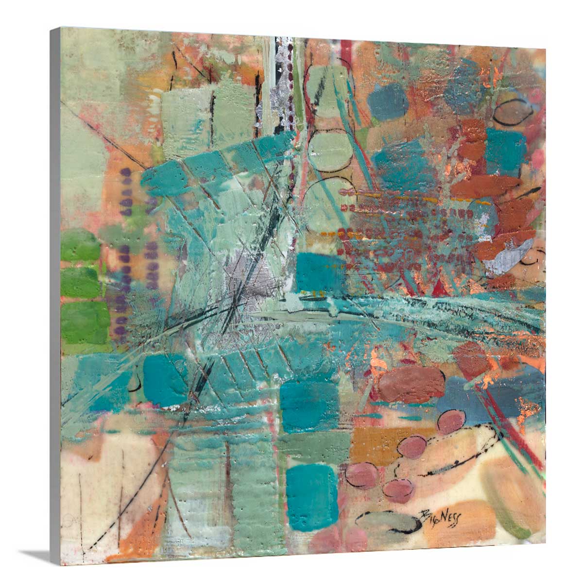 A side-angle view of a multicolored abstract canvas print.