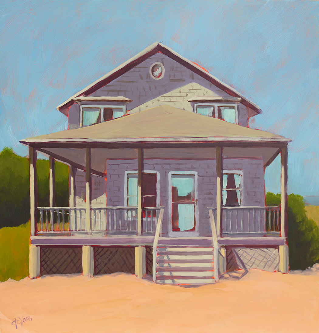 A blue, lavender and peach contemporary beach house print by Carol Young.