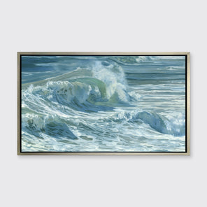 Rolling waves on a side angle with tones of blue, green and white staged in a silver floater frame on a white wall.
