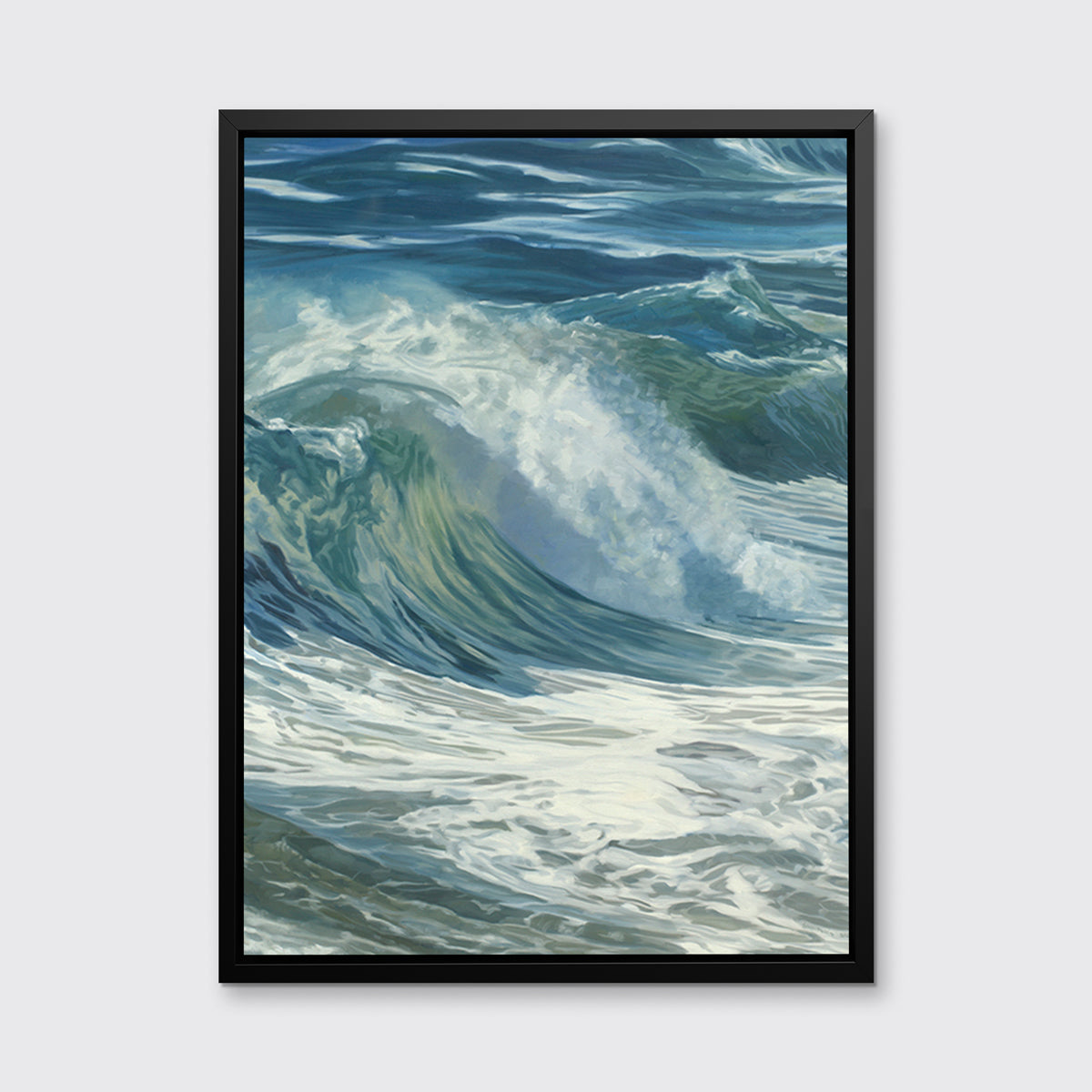 A blue, teal, white and light green abstract water wave print in a black floater frame hangs on a white wall.