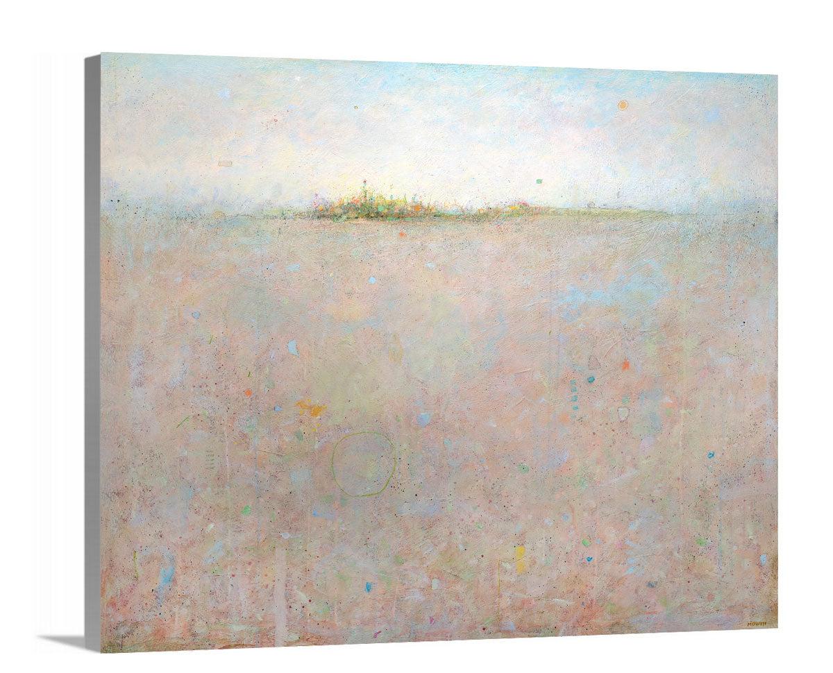 A side-angle view of a peach abstract landscape print by Elwood Howell on canvas.