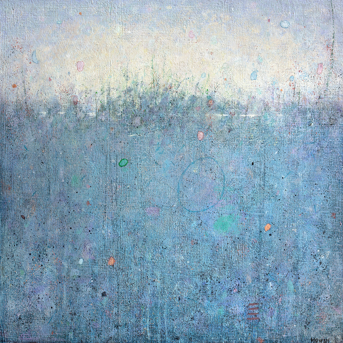 A blue abstract landscape print with multicolored accents by Elwood Howell.