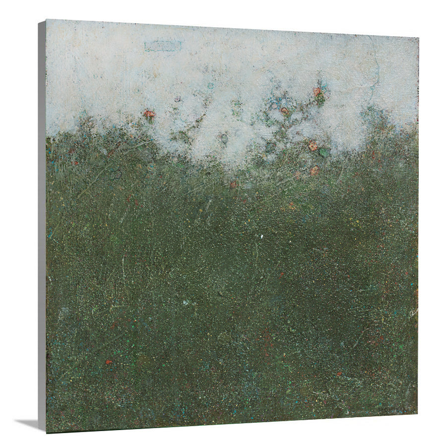 A side-angle view of a dark green abstract landscape print by Elwood Howell on canvas.