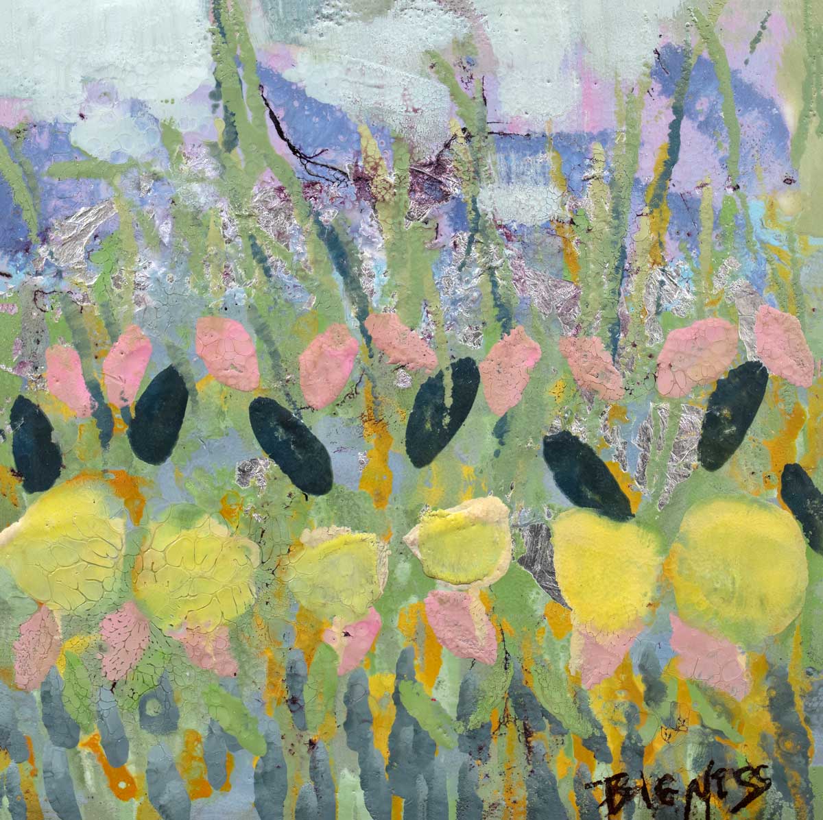 A green, yellow and pink abstract floral print by Linda Bigness.