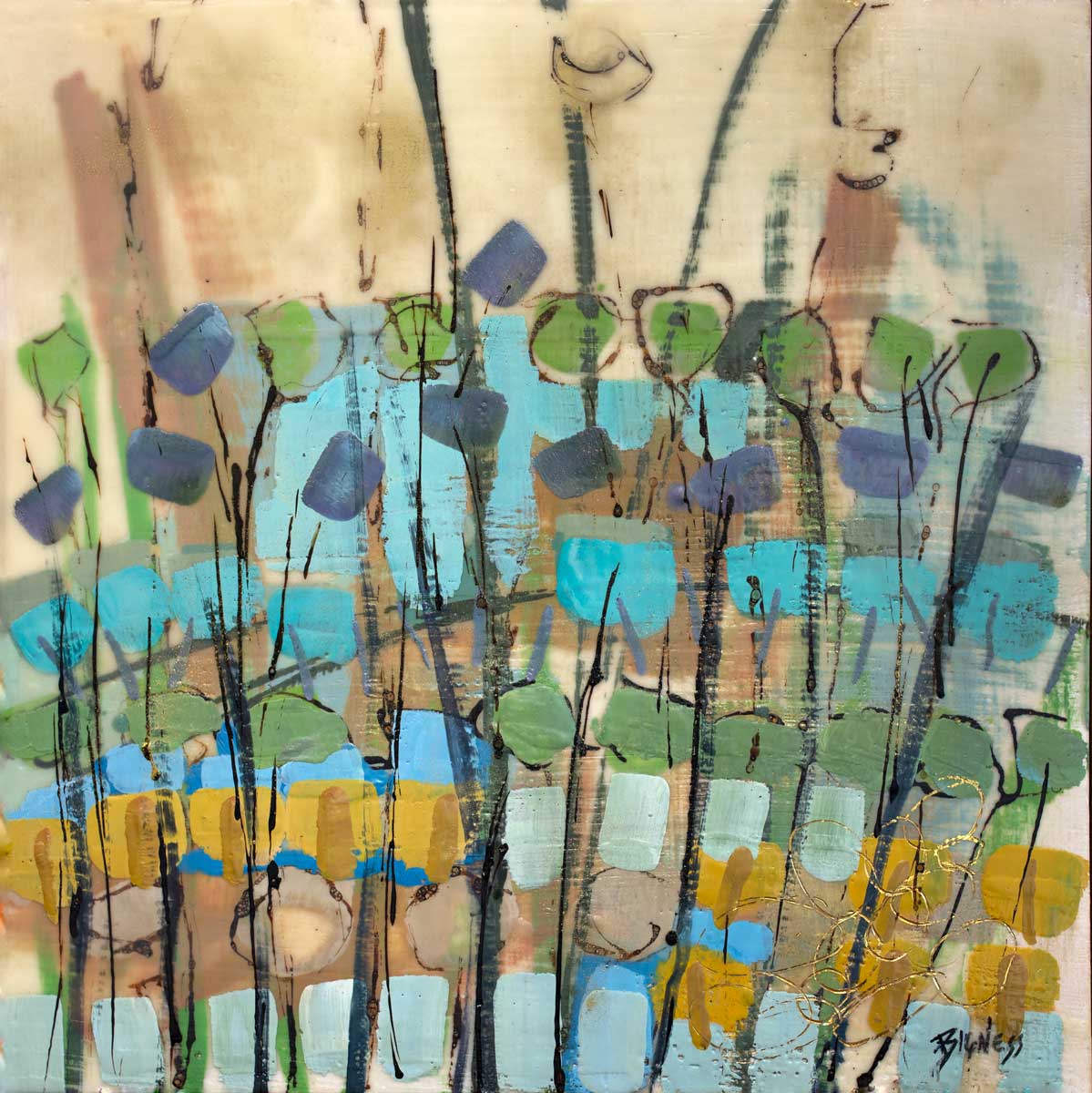 A blue, green, gold and brown abstract floral print by Linda Bigness.