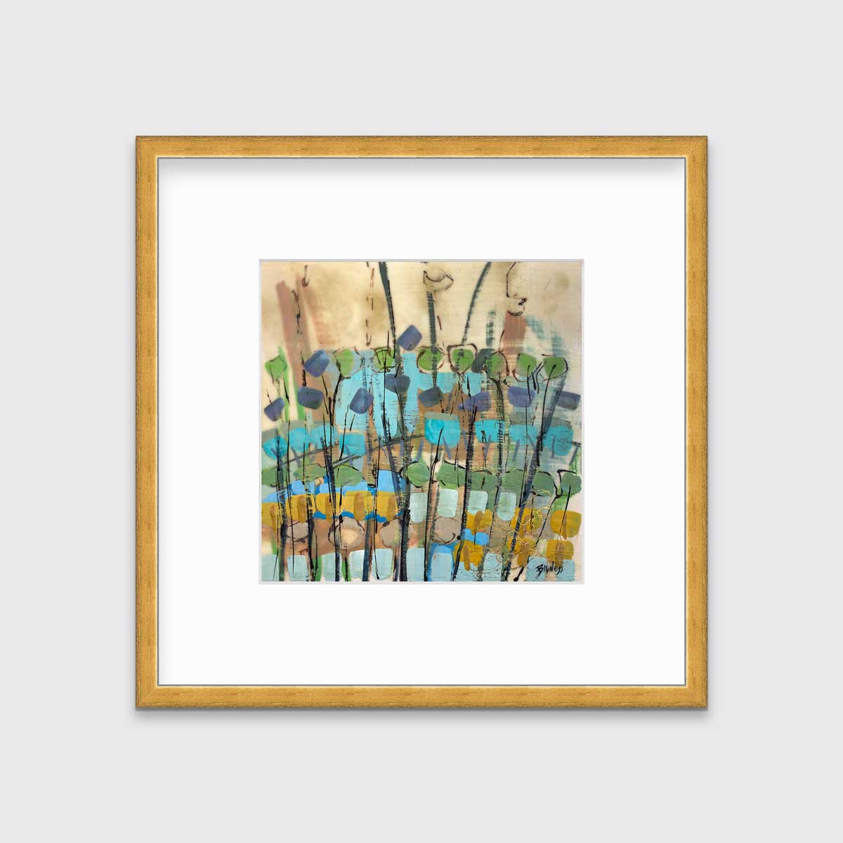 A blue, green, gold and brown abstract floral print in a gold frame with a mat hangs on a white wall.