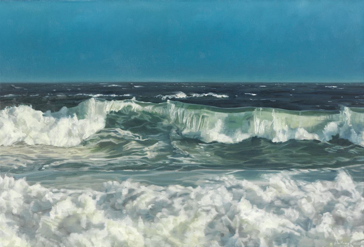 A blue, green and white abstract ocean waves print by John Harris.