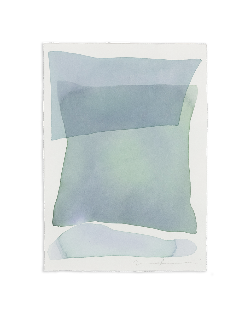 A watercolor painting of blue and turquoise stacked forms. Wired and ready to hang.