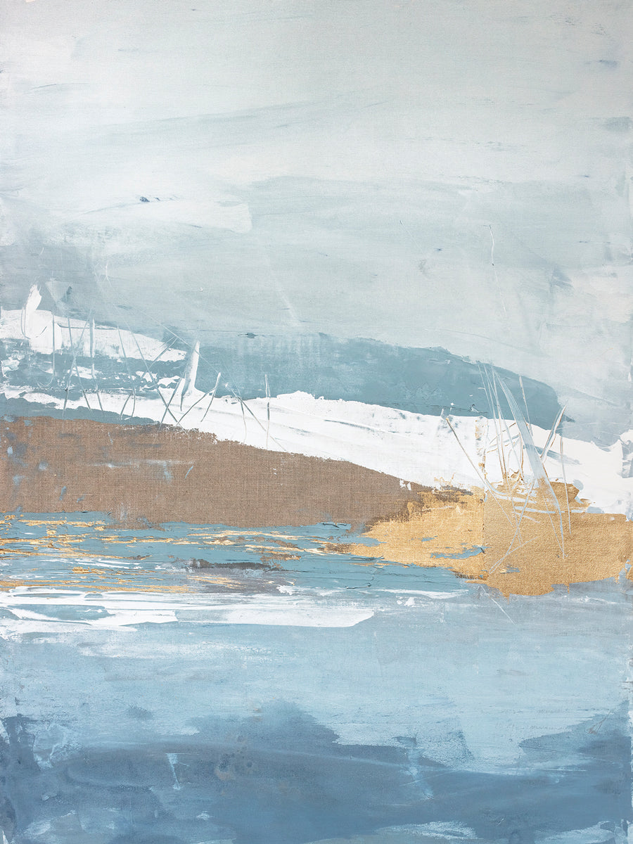 A blue, white, and gold abstract painting by Julia Contacessi.