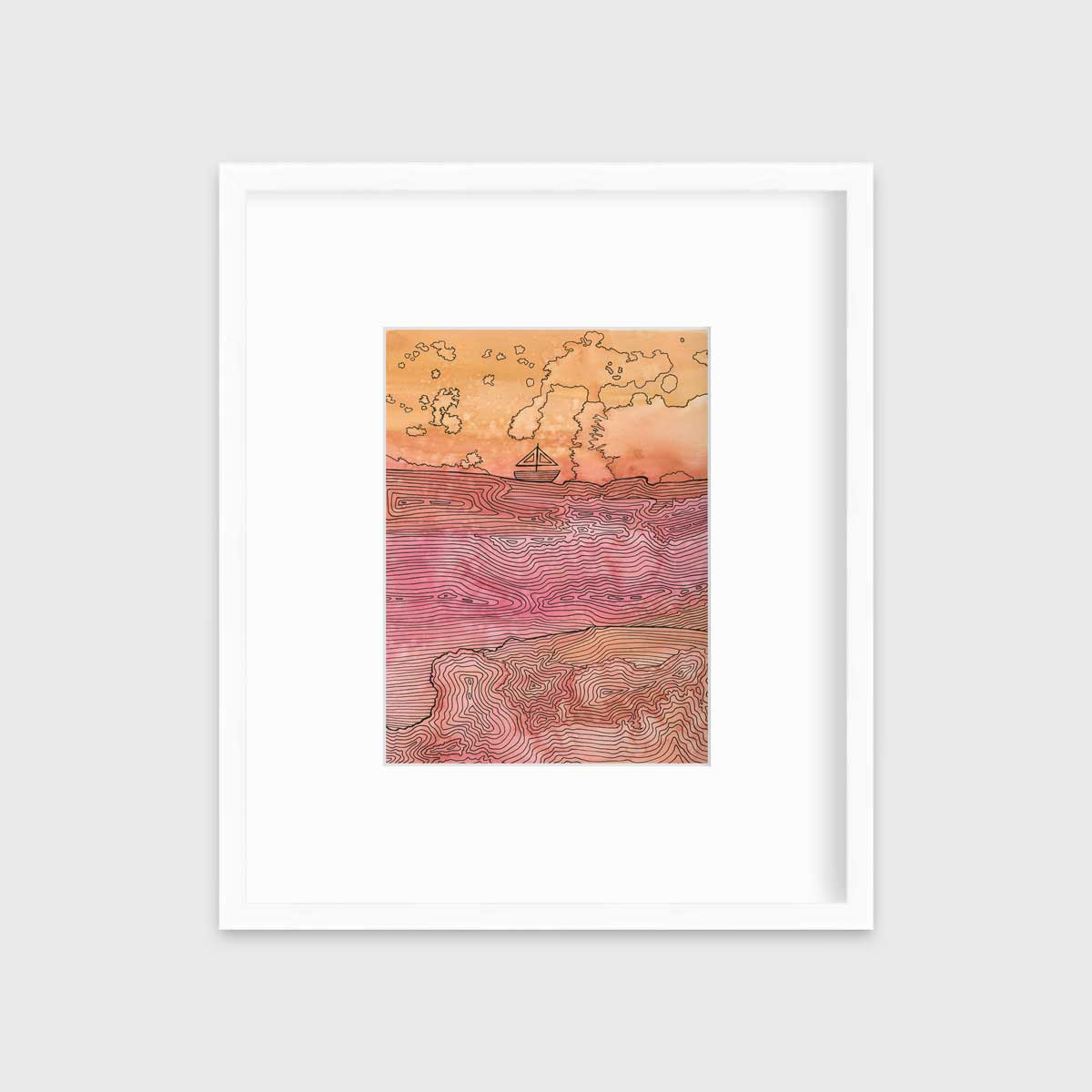 A orange, pink and black abstract landscape with a sailboat in a white frame with a mat hangs on a white wall.