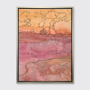 A orange, pink and black abstract landscape with a sailboat in a silver floater frame hangs on a white wall.