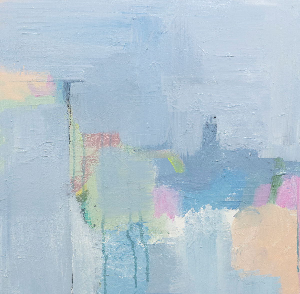 An abstract painting with blue, pink, green and orange patches. Wired and ready to hang.