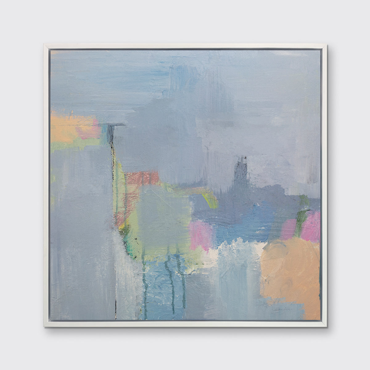 A slate blue, green, light orange and pink abstract print in a white floater frame hangs on a white wall.