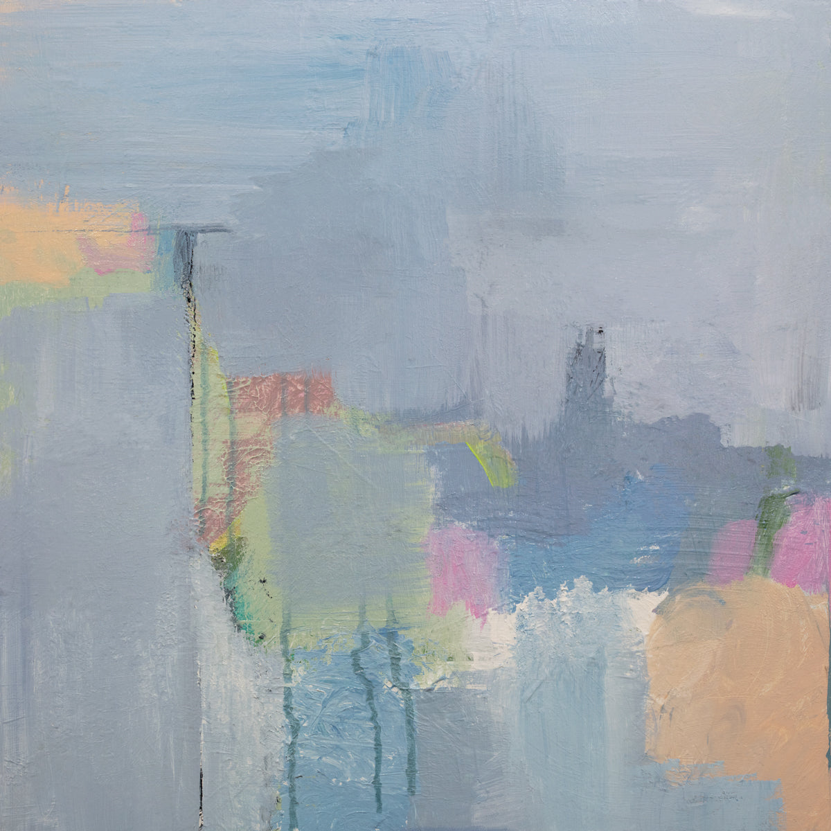 A slate blue, green, light orange and pink abstract print by Sue De Chiara.