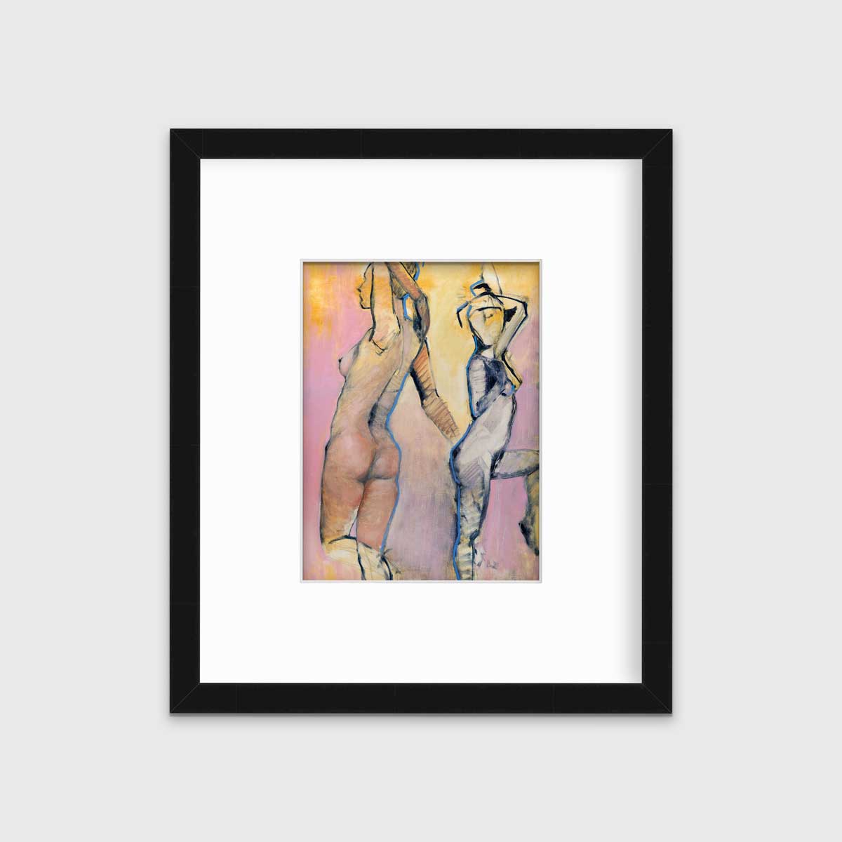 A pink, yellow, blue and black abstract figurative print of two women in a black frame with a mat hangs on a white wall.