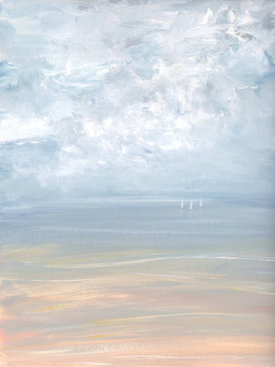 A white, blue and beige abstract seascape print by S. Cora Aldo.
