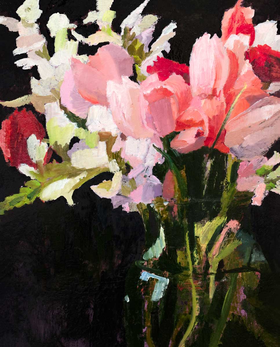 An oil painting of an abstract pink, red and white floral bouquet.