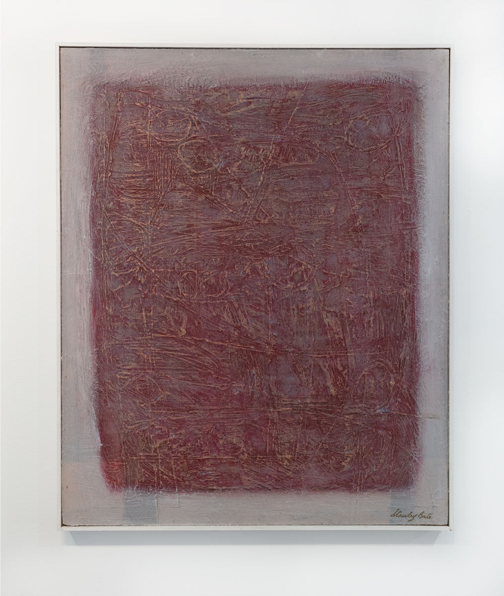 A white and red painting with a scratched, textured surface is hung on a gallery wall. The painting is wired and ready to hang.