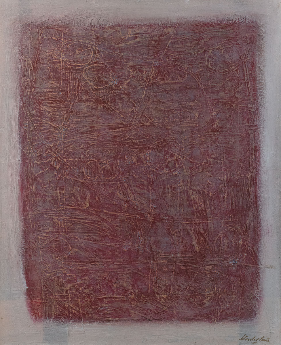 A white and red painting with a scratched, textured surface. Wired and ready to hang.