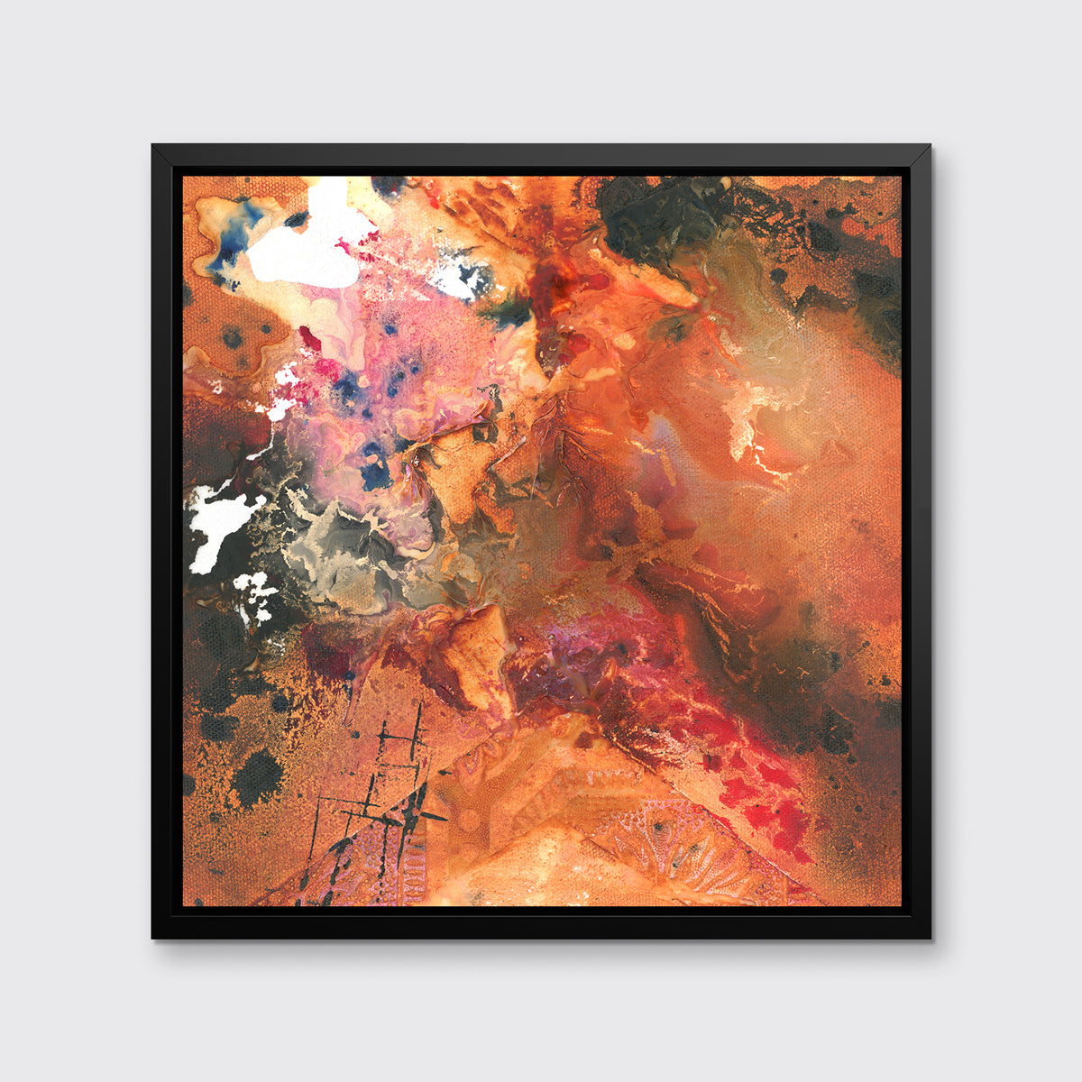 A red, orange, black and pink abstract print in a black floater frame hangs on a white wall.
