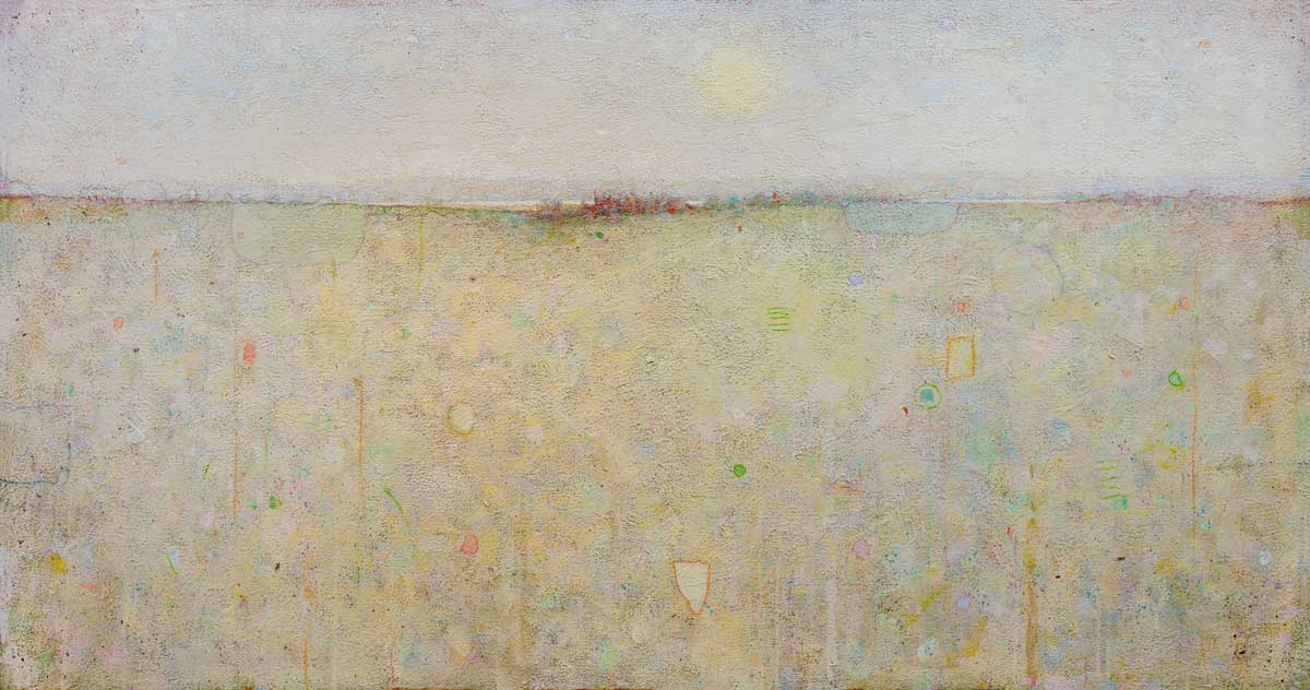 A very soft blue sky meets a high horizon white and light yellow abstract landscape with multicolored accents.
