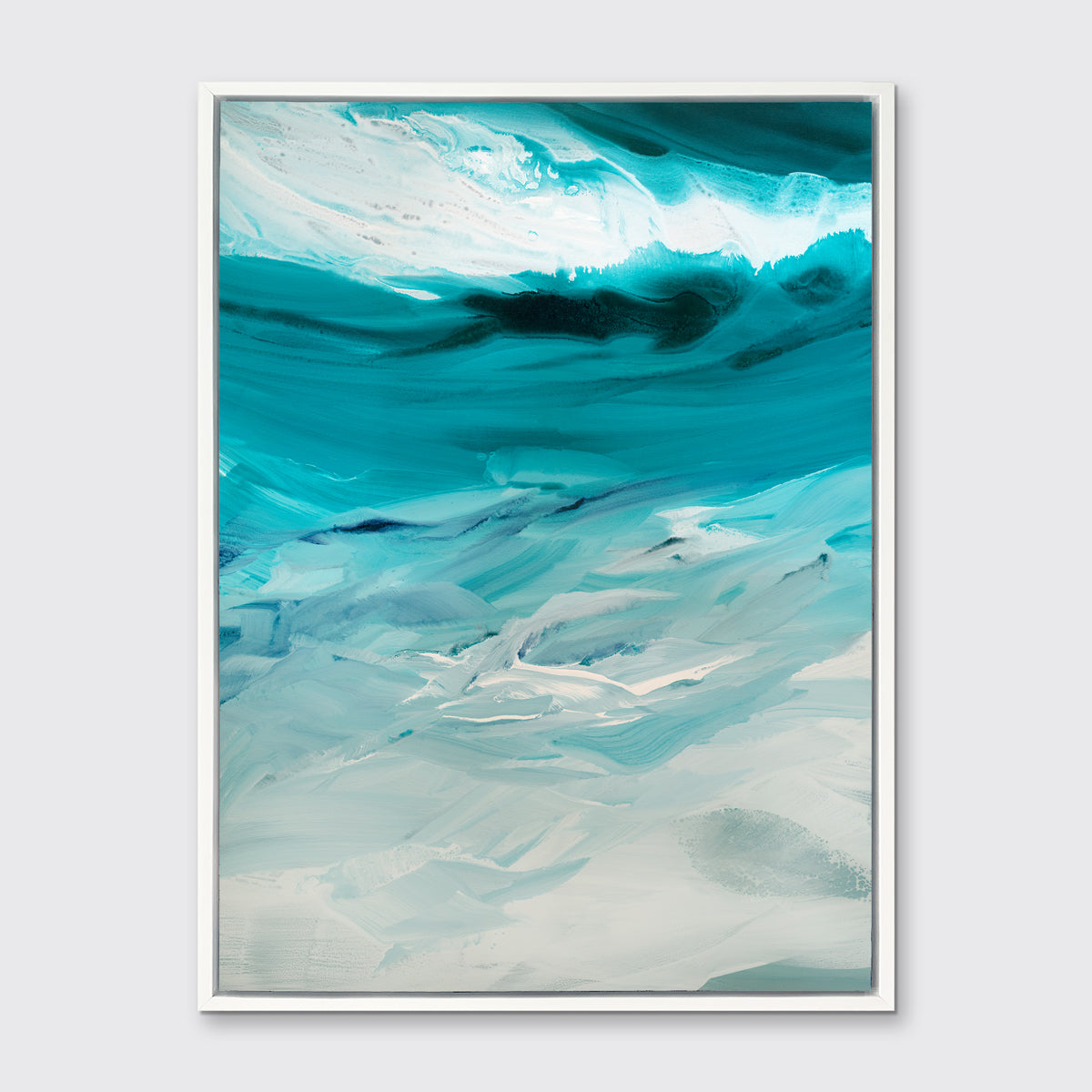 A teal, white and grey abstract print in a white floater frame hangs on a white wall.
