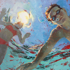 A figurative painting of a boy and girl in the pool with an underwater perspective.