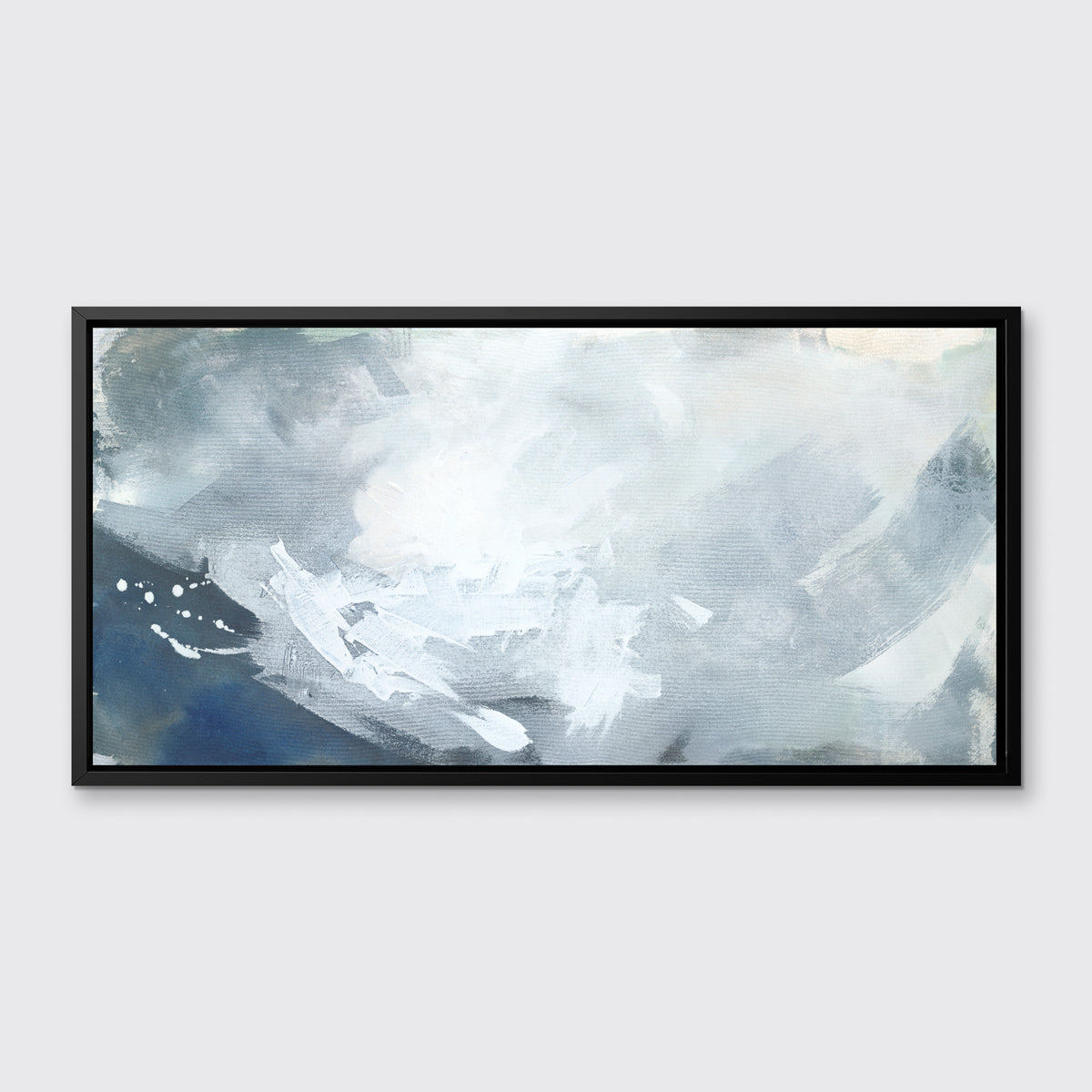 A blue, grey and white abstract print in a black floater frame hangs on a white wall.
