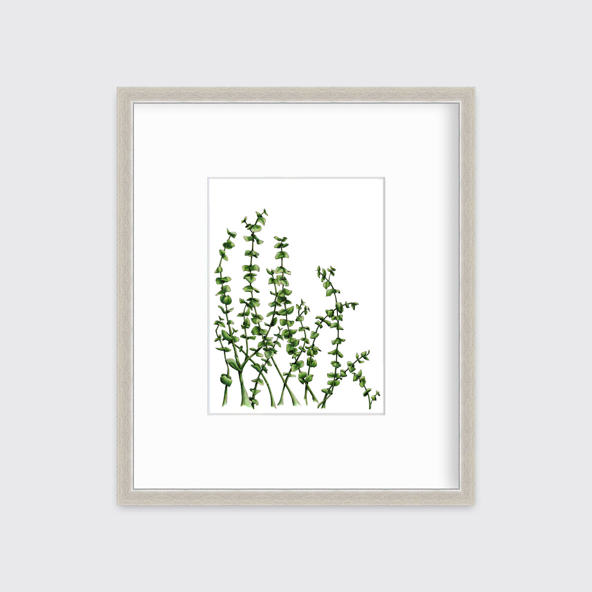 A print of green eucalyptus stems in a silver frame with a mat hangs on a white wall.