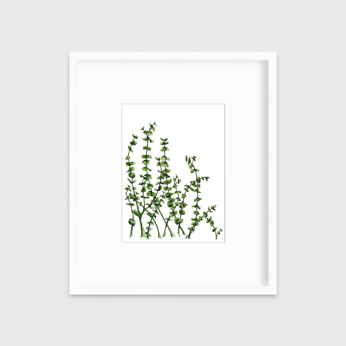 A print of green eucalyptus stems in a white frame with a mat hangs on a white wall.