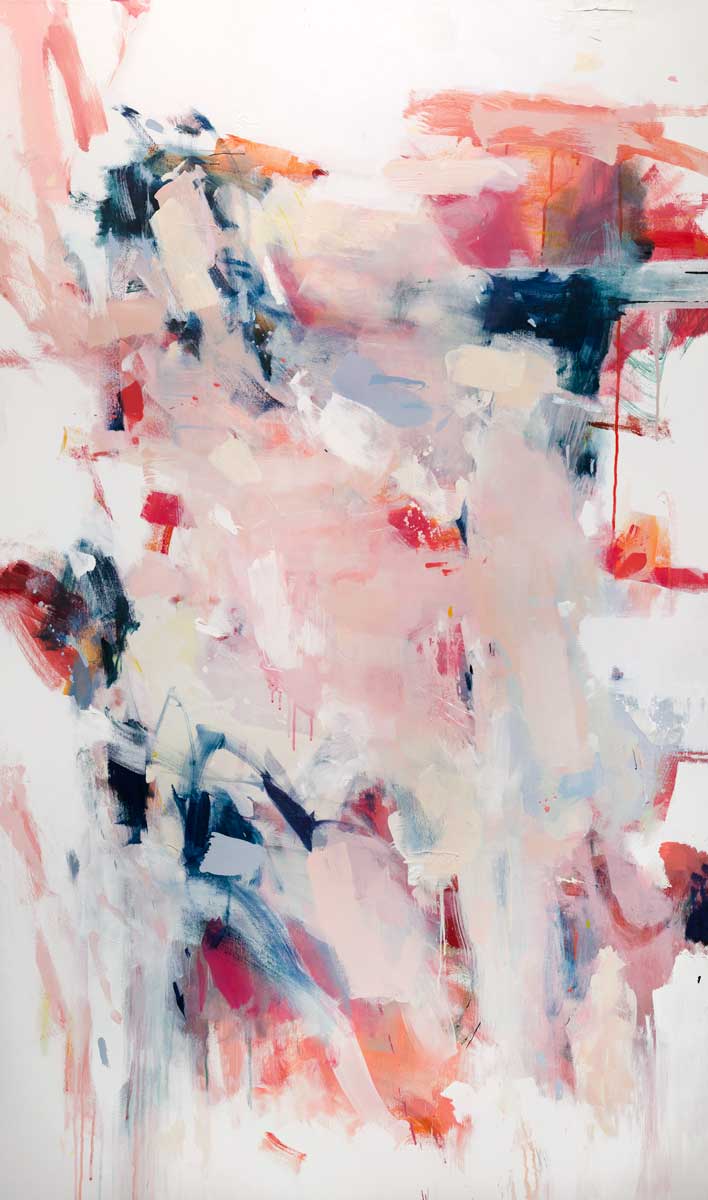 A light pink and white abstract print by Kelly Rossetti with navy, orange and red accents.