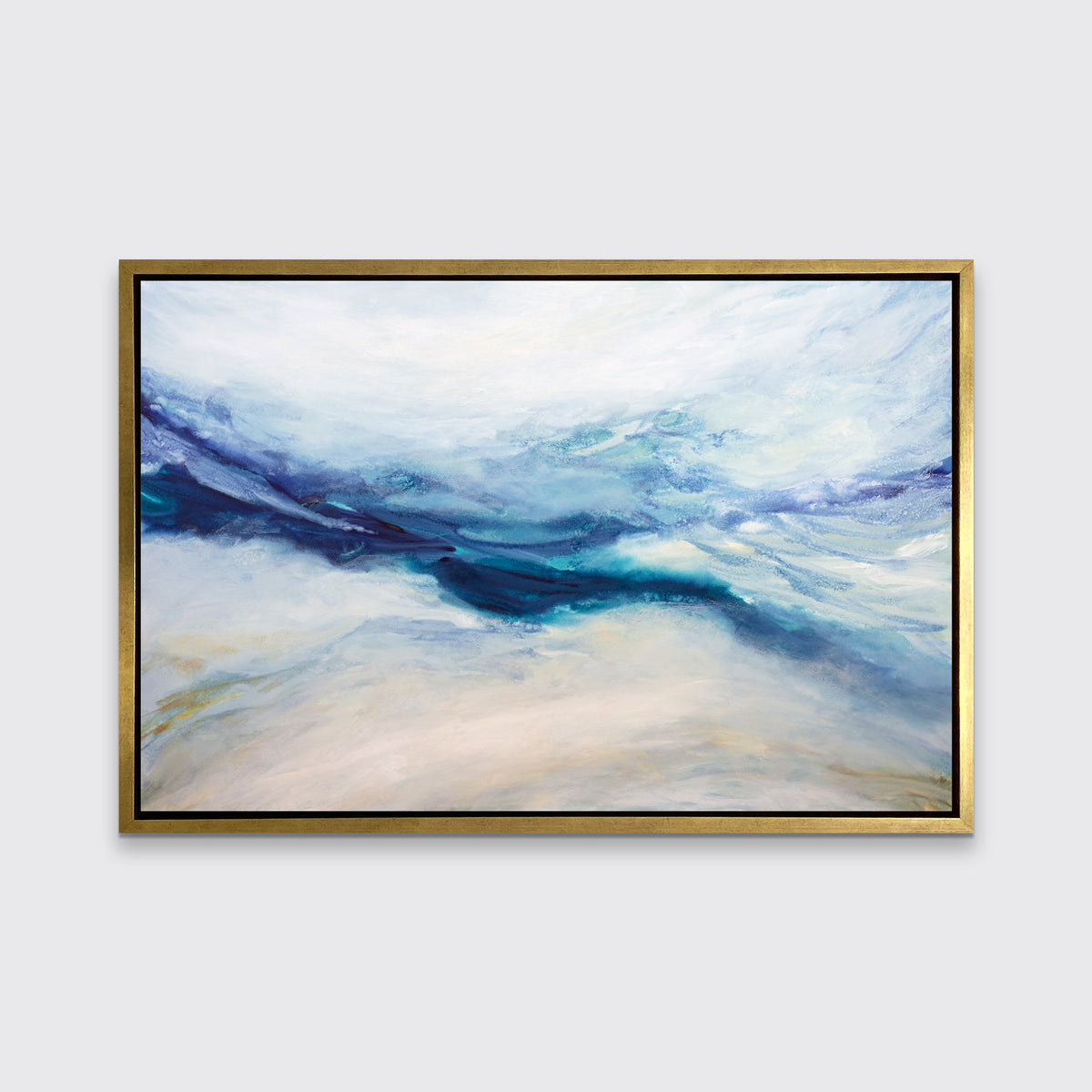 A white, blue, purple and beige abstract print in a gold floater frame hangs on a white wall.