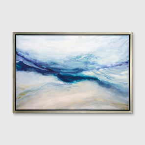 A white, blue, purple and beige abstract print in a silver floater frame hangs on a white wall.