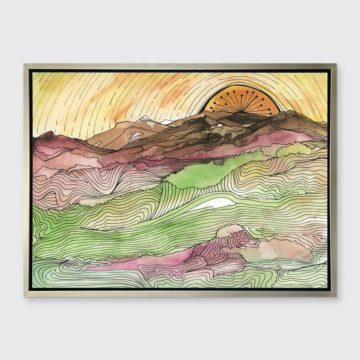 A yellow, brown, green and dark rose abstract landscape print with black outlines in a silver floater frame hangs on a white wall.
