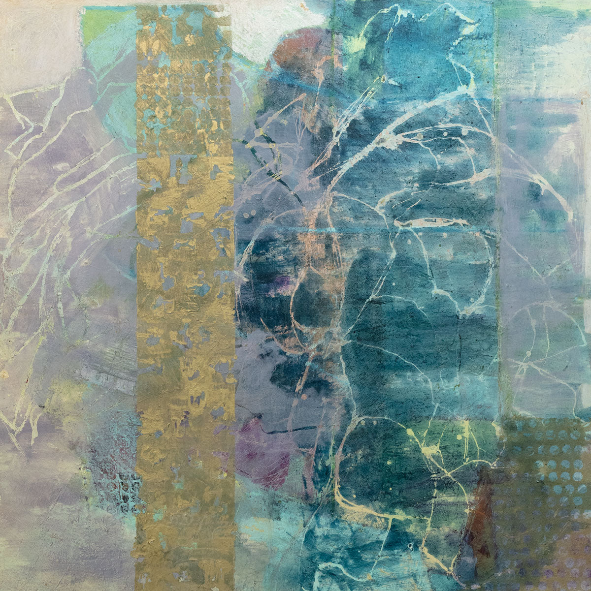 An abstract painting with turquoise, purple, and golden tones. Wired and ready to hang.