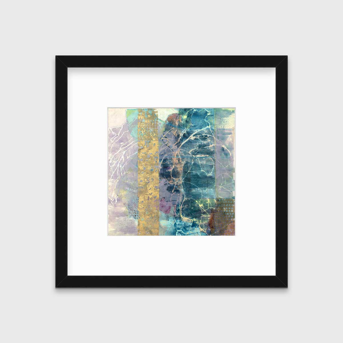 A blue, purple and gold abstract print in a black frame with a mat hangs on a white wall.