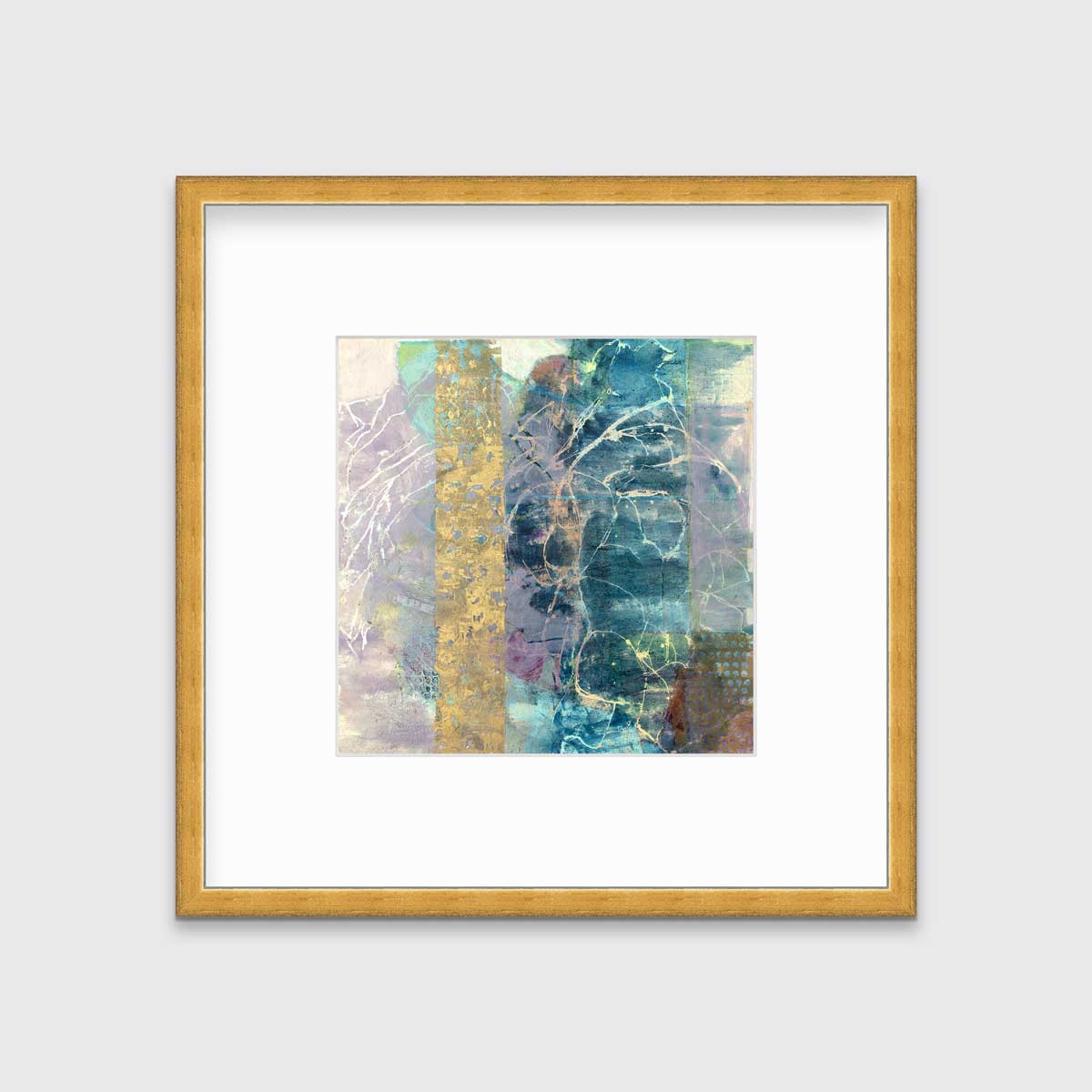 A blue, purple and gold abstract print in a gold frame with a mat hangs on a white wall.