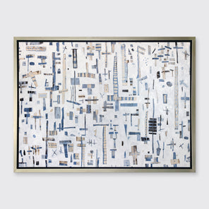 A white, light blue and beige abstract print in a silver floater frame hangs on a white wall.