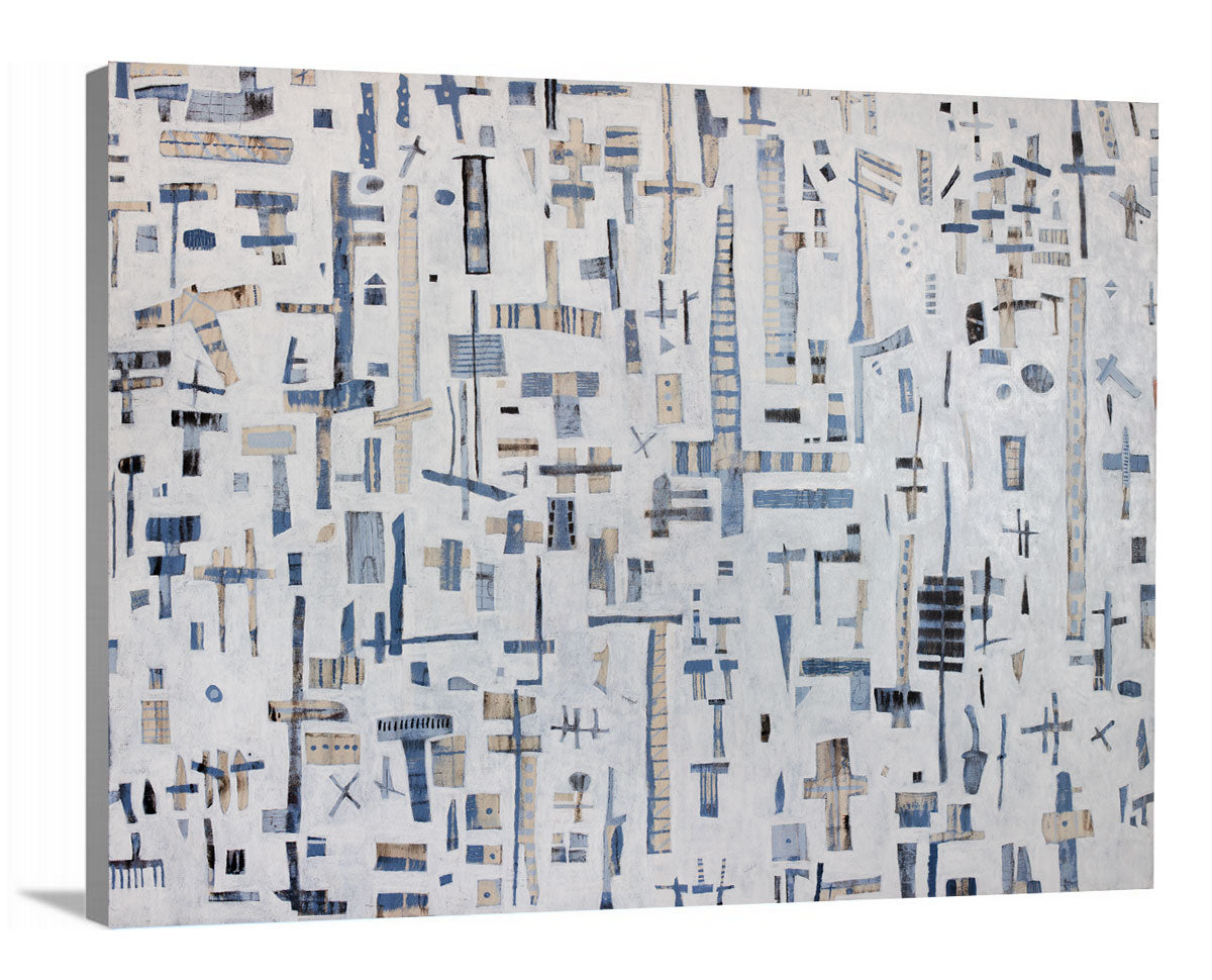 A side-angle view of a white, light blue and beige abstract print by Sofie Swann on canvas.