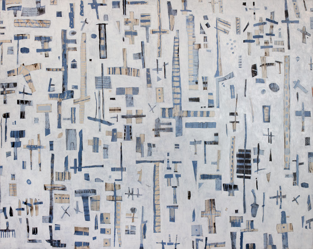 A white, light blue and beige abstract print by Sofie Swann.