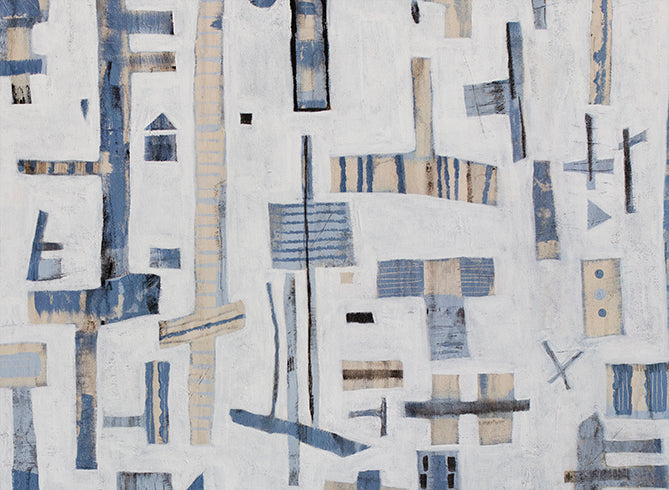 Detail of Flight to Nowhere painting, with white and cream-colored shapes on a textured white background.